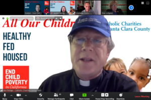 Father Jon Pedigo of Catholic Charities Santa Clara County speaks during a video legislative call with Rep. Zoe Lofgren as part of the End Child Poverty California movement